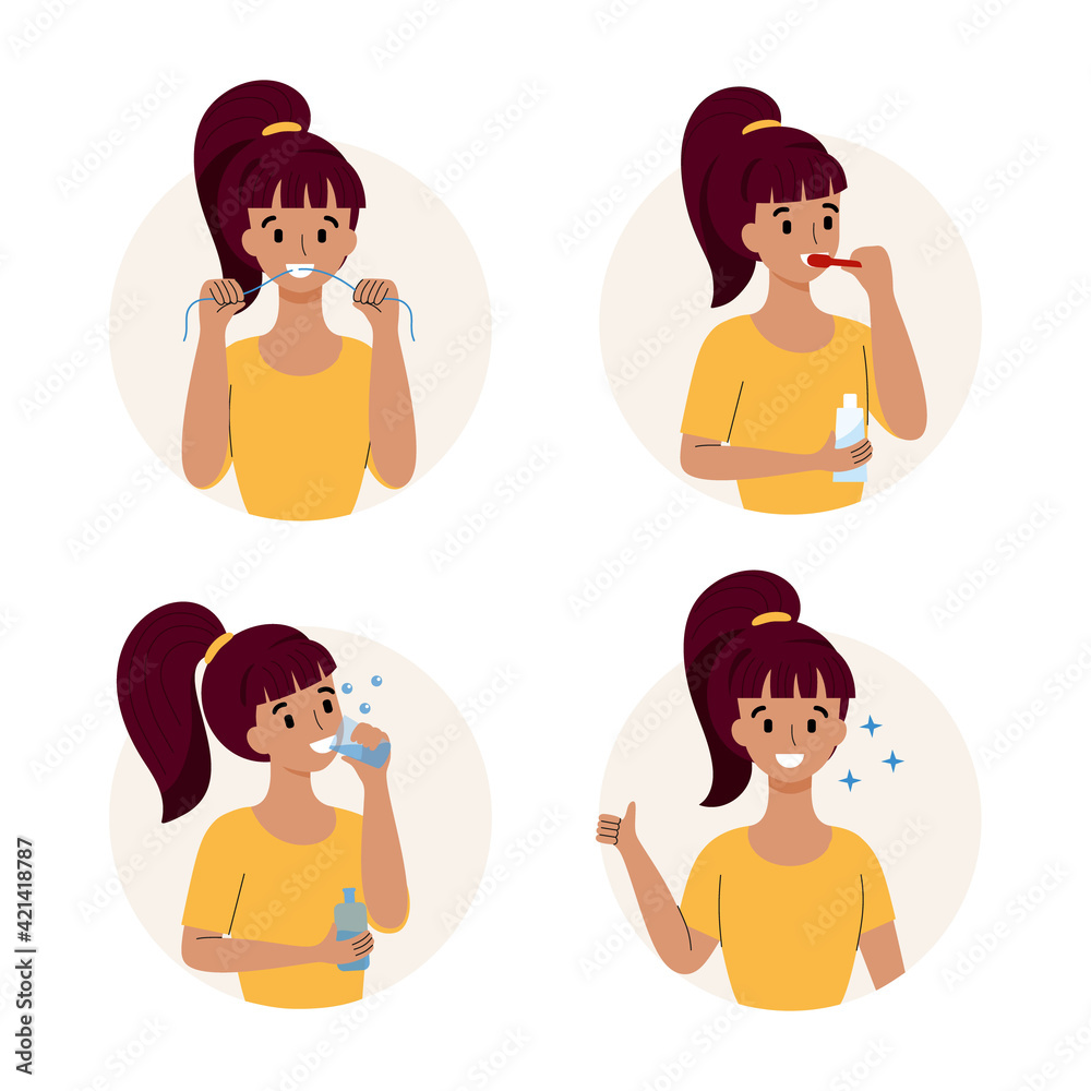 A woman cleans her teeth and observes oral hygiene. A woman cleans her teeth and observes oral hygiene.