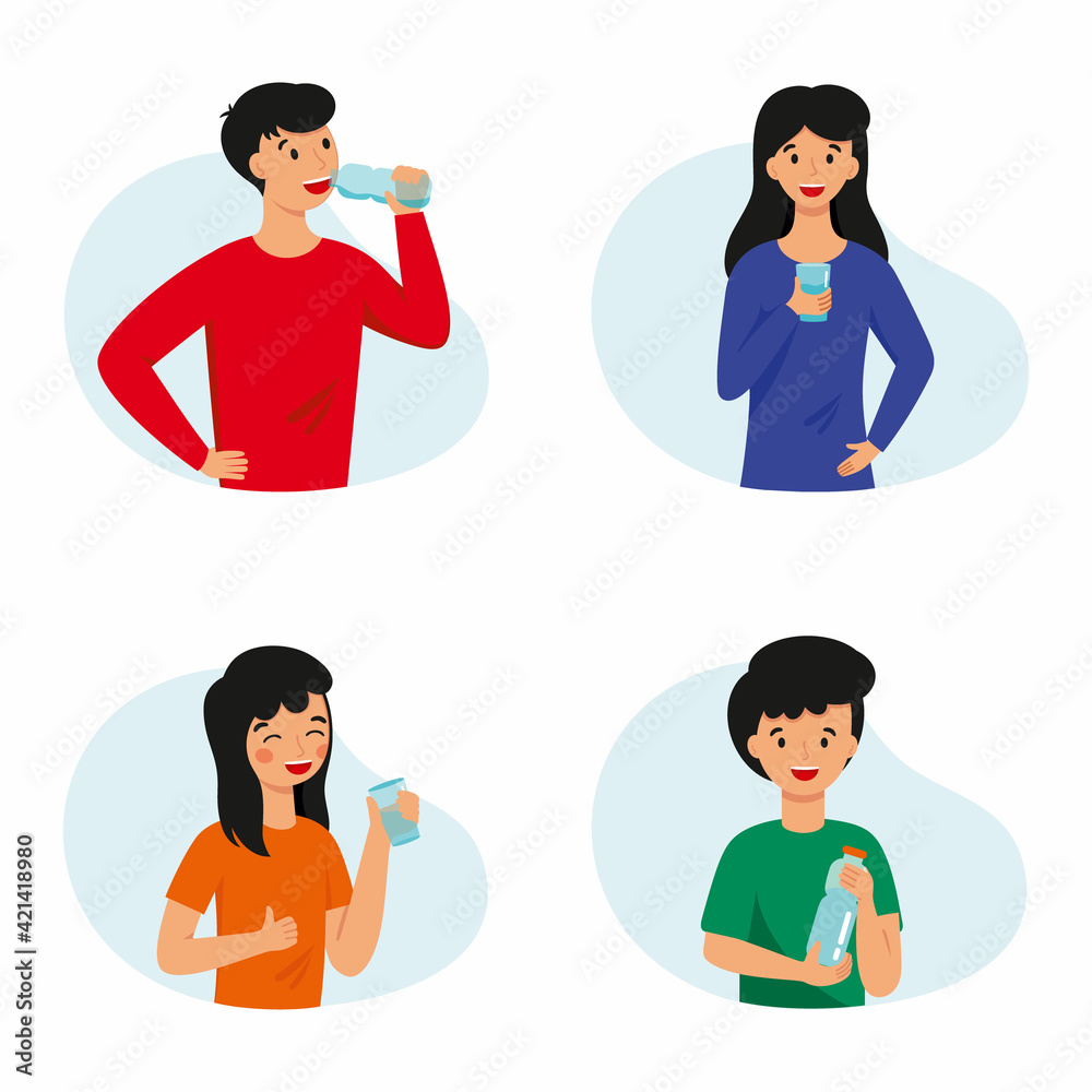 A set of illustrations with people who drink water. The family practices healthy habits. A set of illustrations with people who drink water. The family practices healthy habits.