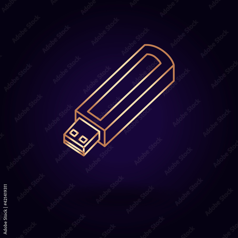 Gold USB flash drive icon. Vector illustration isolated on a blue background. School topics. Gold USB flash drive icon. Vector illustration isolated on a blue background. School topics.