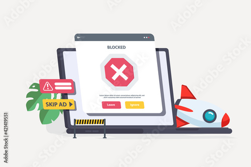 Advertising, ad blocking software. Promotion advertisement isolated screen commercial style. Offer display frame background. Flat square template vector website graphic. Concept layout banner.