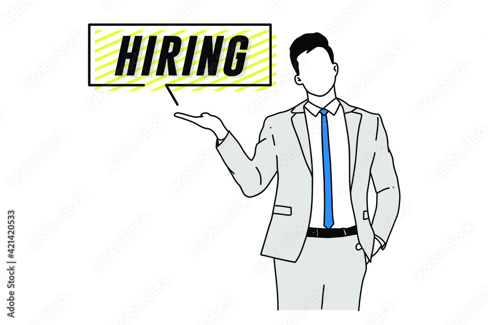 Businessman with hiring sign job seeking hand draw style vector flatline design illustration. Businessman with hiring sign job seeking hand draw style vector flatline design illustration.