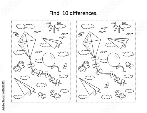 Find 10 differences visual puzzle and coloring page with things that fly in the air - kite, balloon, paper planes, clouds, insects, birds
