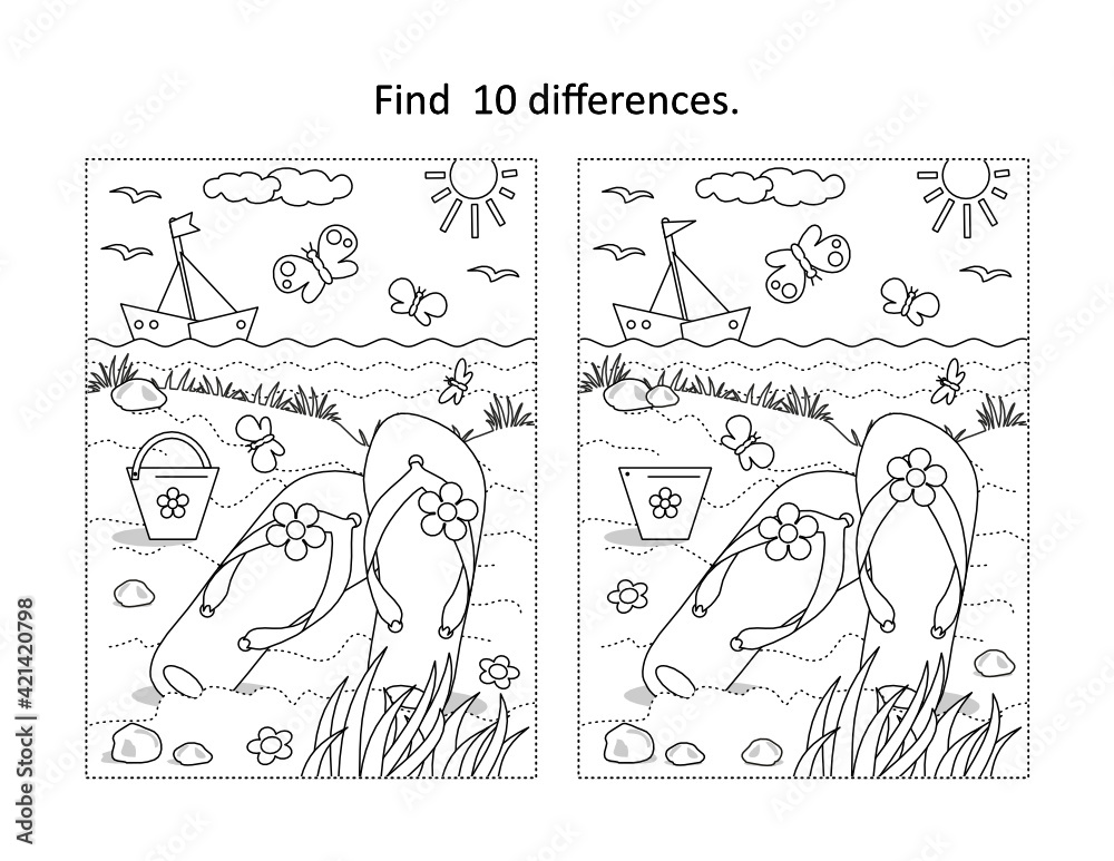 Find 10 differences visual puzzle and coloring page. Summer vacation scene with flip-flops, yacht, toy bucket at the beach.
