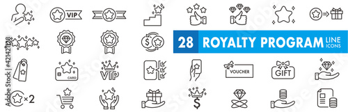 Royalty program line icon set. Included icons as member, VIP, exclusive, diamond, badge, high level and more.