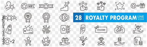 Royalty program line icon set. Included icons as member, VIP, exclusive, diamond, badge, high level and more.