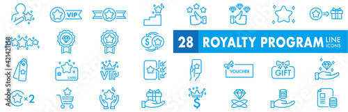 Royalty program line icon set. Included icons as member, VIP, exclusive, diamond, badge, high level and more.
