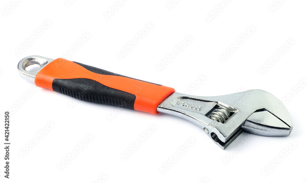 Adjustable wrench, single steel, rubber handle, orange Used for screwing the nut. isolated on white background with clipping path. Adjustable wrench, single steel, rubber handle, orange Used for screwing the nut. isolated on white background with clipping path.