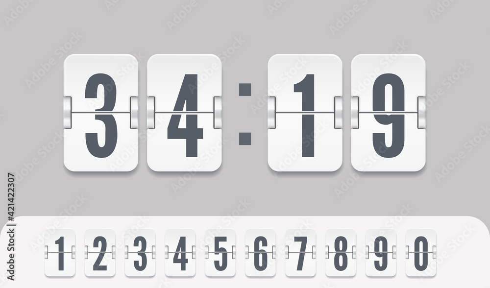 White scoreboard number font with shadows. Vector modern ui design of retro time meter with numbers. Old design score board clock template isolated on light background. White scoreboard number font with shadows. Vector modern ui design of retro time meter with numbers. Old design score board clock template isolated on light background.