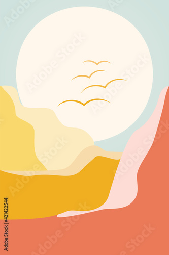 Abstract contemporary aesthetic landscape. The sun and the mountains. Minimalist nature print. Vector.