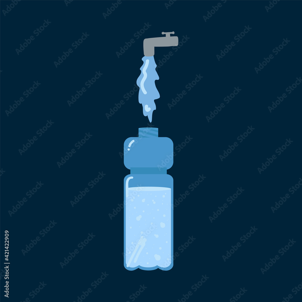 Plastic bottle with drinking water. The concept of collecting drinking water from the tap into a bottle. Vector illustration of flat. Vector illustration Plastic bottle with drinking water. The concept of collecting drinking water from the tap into a bottle. Vector illustration of flat. Vector illustration