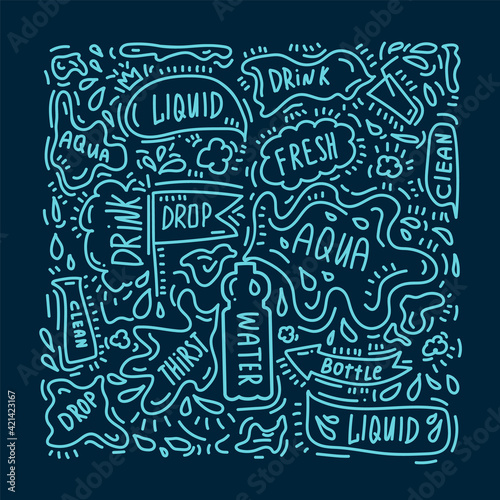 The concept of the lettering pattern of drinking water. Vector illustration drawn by hand. Doodle with words and symbols about water