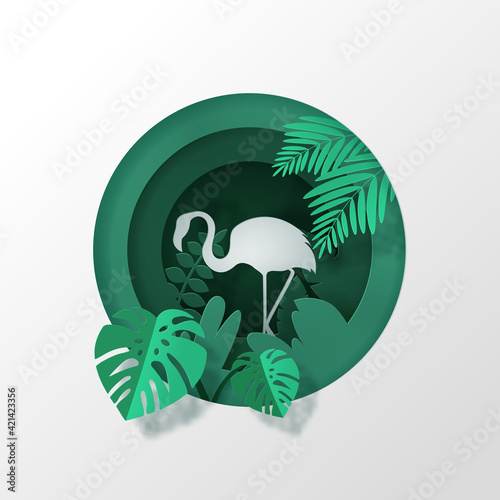 Vector landscape with deep forest plantation and Flamingos.