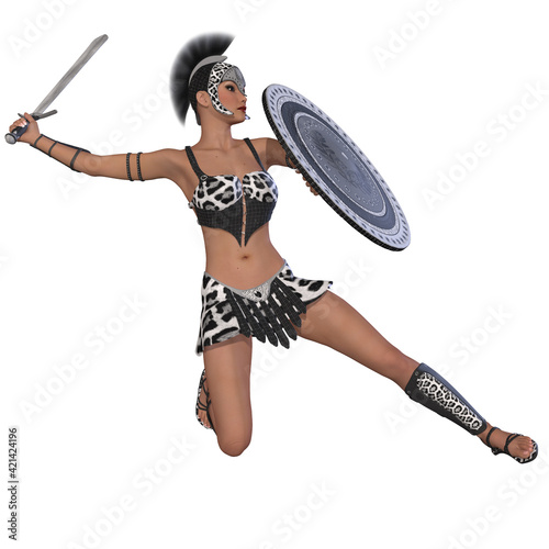 3d illustration of a woman in a roman centurion armor in a fighting pose 