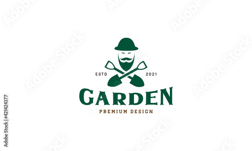 cross shovel agriculture vintage logo vector symbol icon design illustration