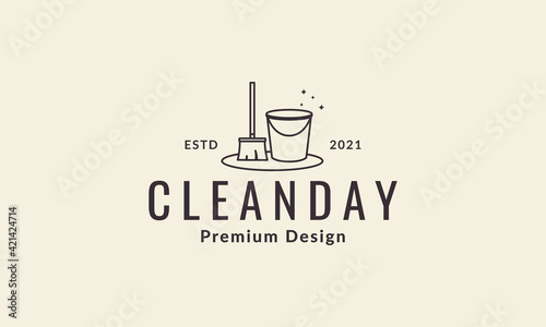 lines bucket with  broom clean logo vector symbol icon design illustration