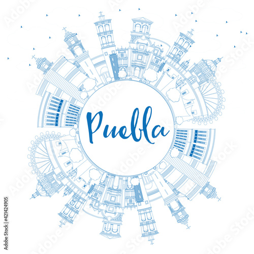 Outline Puebla Mexico City Skyline with Blue Buildings and Copy Space.