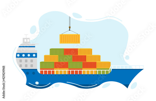 Sea barge loads cargo at port. Sea transportation logistic.