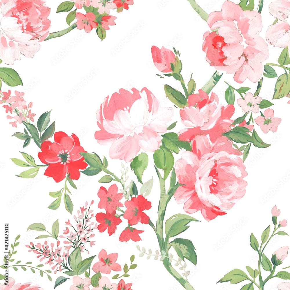 Beautiful seamless pattern with hand drawn watercolor summer pink gentle flowers. Stock floral illustration.
