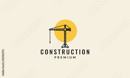crane construction lines with sunset logo vector symbol icon design illustration