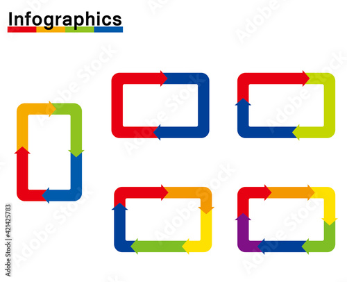 インフォグラフィックスイラストセット｜分割スクエア四角形と矢印のチャート図PDCAビジネス