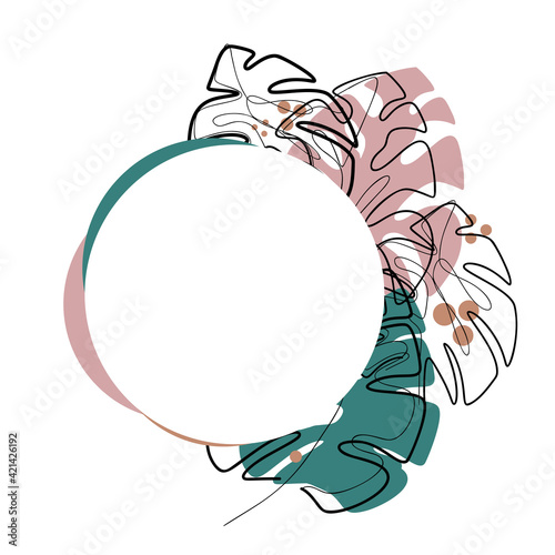 Round frame with contour monoline monstera leaves, colorful spot and copy space. Natural template with tropical foliage. Trendy colorful vector postcard, card and banner
