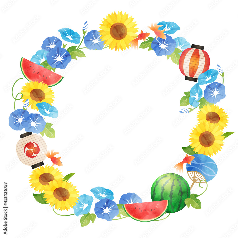 ひまわりや朝顔の夏の水彩風ベクターイラストフレーム Vektornyj Obekt Stock Adobe Stock