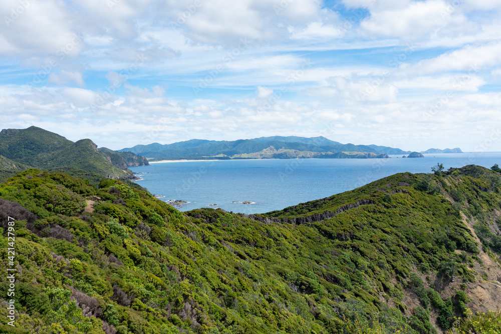 View over bushclad hills of Great Barrier Island to bays and sea