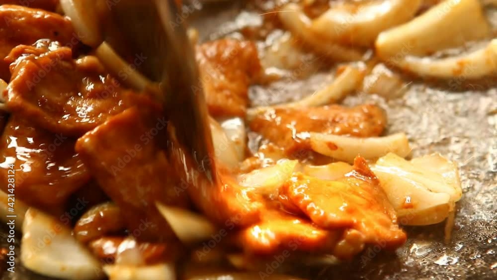 frying chopped onion with chopped pork, in door Chiangmai Thailand frying chopped onion with chopped pork, in door Chiangmai Thailand