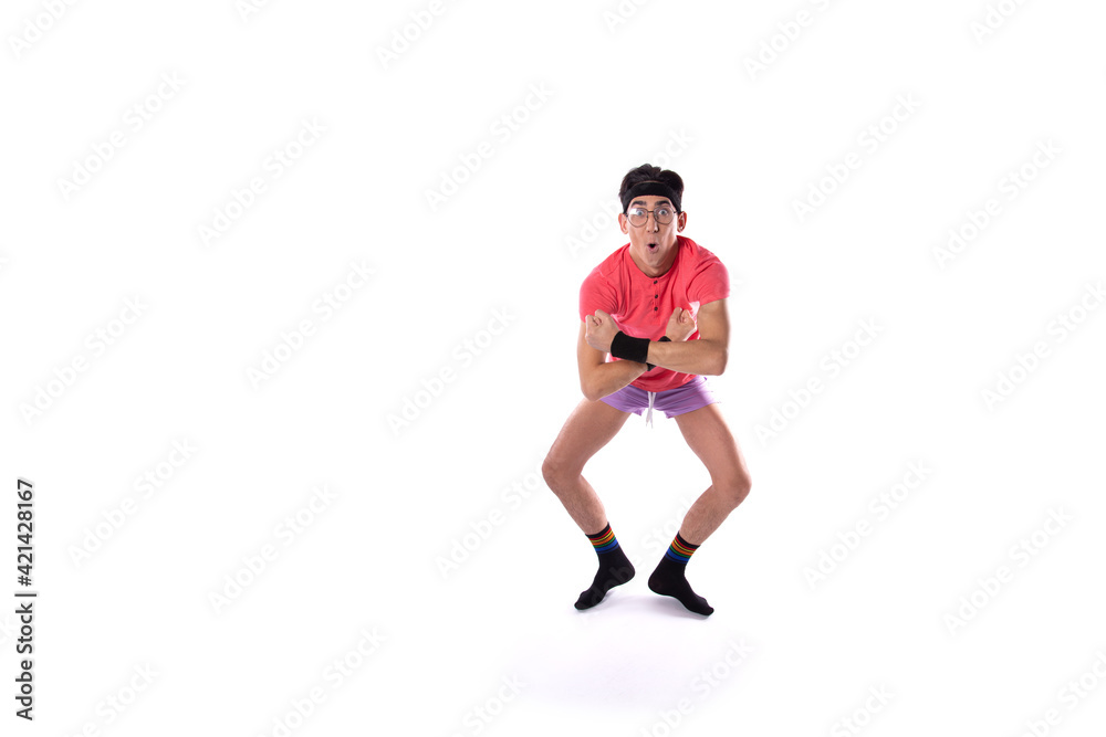 A young guy in shorts and a T-shirt goes in for sports and fitness. Retro style. 80s, 90s, 70s. Isolate. White background.