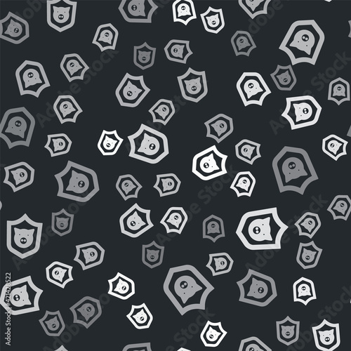 Grey Shield with pig icon isolated seamless pattern on black background. Animal symbol. Vector