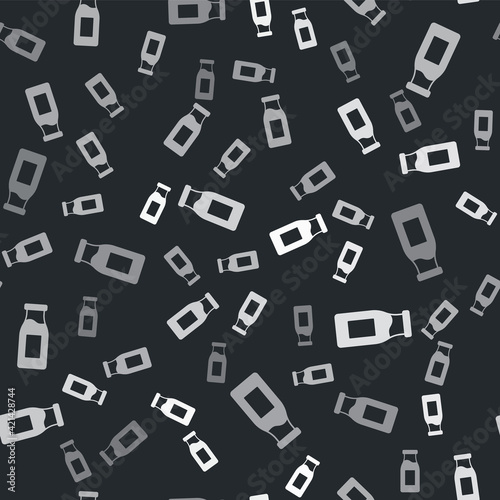 Grey Closed glass bottle with milk icon isolated seamless pattern on black background. Vector