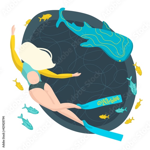 Girl free diver underwater with whale shark and fish. Hand drown vector illustration. Adventures, tourism, discovering, deep, swimming, snorkeling.