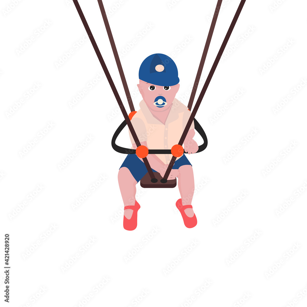 Cute baby with soother in mouth swinging vector illustration.