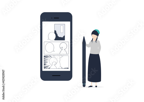 デジタルで漫画を描く若い女性のイラスト素材