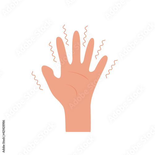Hand with tremor symptom. Parkinson disease. Trembling or Shivering arms. Physiological stress symptoms. Mental disorders, panic, fear. Vector illustration in flat style isolated on white.