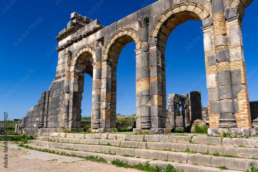 UNESCO heritage.
Extensive complex of ruins of the Roman city Volubilis - of ancient capital city of Mauritani. Meknes region,  Morocco, North Africa