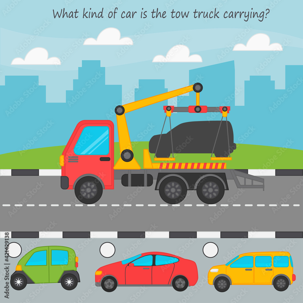 Fototapeta premium Game for kids. Find by the shadow what car is on the tow truck. Children funny education riddle entertainment and amusement. Vector illustration