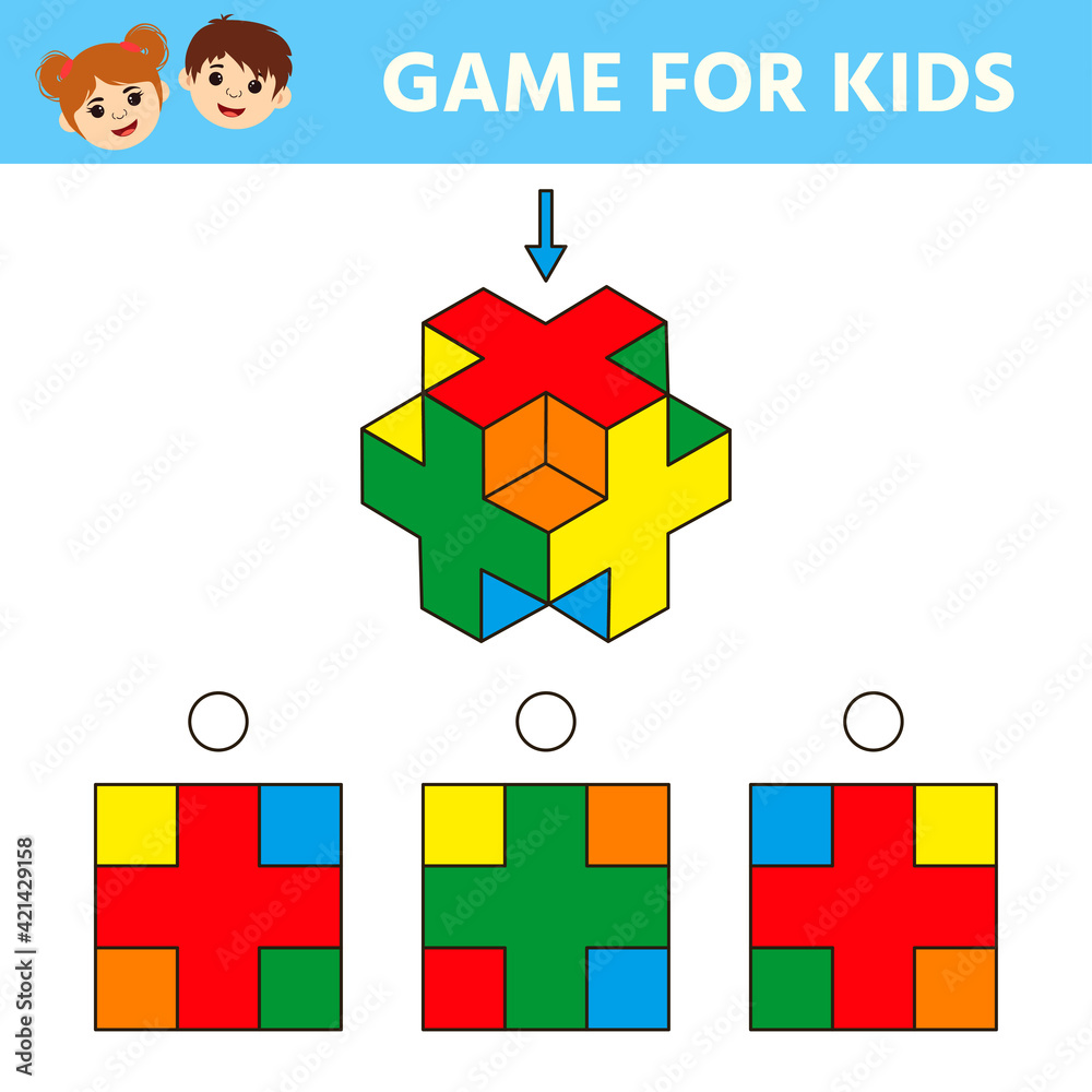 Education logic game for kids development of logic iq. Kids activity sheet. Find the shape matching top view matching. Children funny riddle entertainment