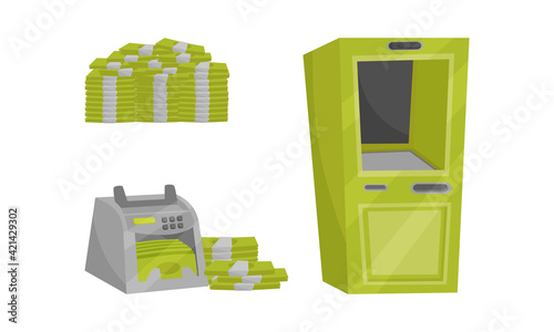 Banknote Counting Machine, Pile of Cash and Cashpoint Machine Vector Set