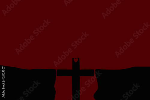 Cross of jesus, Easter day.he is risen.Slide design.cross in red heart. Jesus love.Easter, good friday, worship, Christian background.Church service, Good friday.Religion background.Illustration.