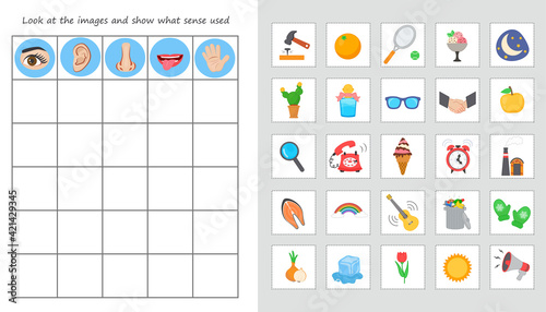 Educational worksheet for kids. Game for Kids. Match of senses organs and objects. Hearing, vision, sense of smell, touch. logic puzzle