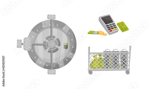 Metal Door of Safe Deposit or Vault with Code System, Cart and PIN Pad Vector Set