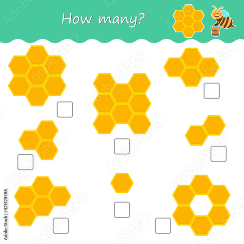 Educational math children game.  Bee and honeycomb. How many? Printable worksheet for kids brain teaser book. Vector illustration.