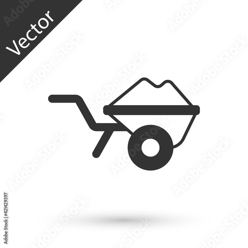Grey Wheelbarrow with dirt icon isolated on white background. Tool equipment. Agriculture cart wheel farm. Vector