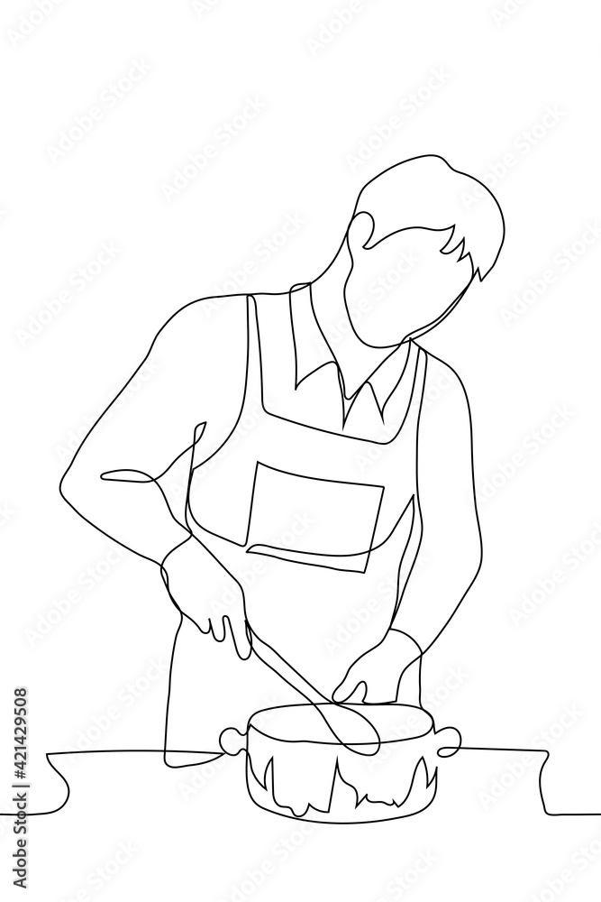 man in an apron is stirring food in a saucepan on the stove - one line drawing. chef, cooking lover prepares food