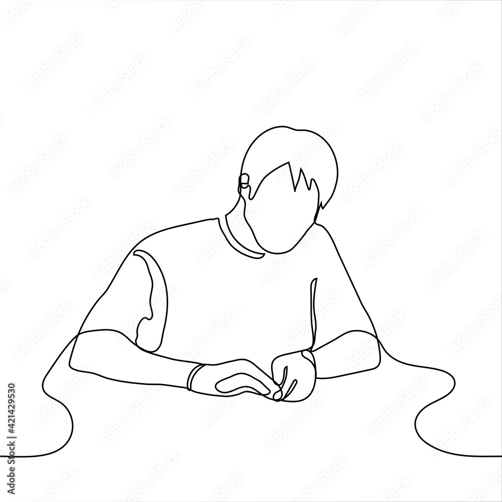 Man in gloves doing needlework - vector one line drawing. Handicraft, creativity and hobby concept Man in gloves doing needlework - vector one line drawing. Handicraft, creativity and hobby concept