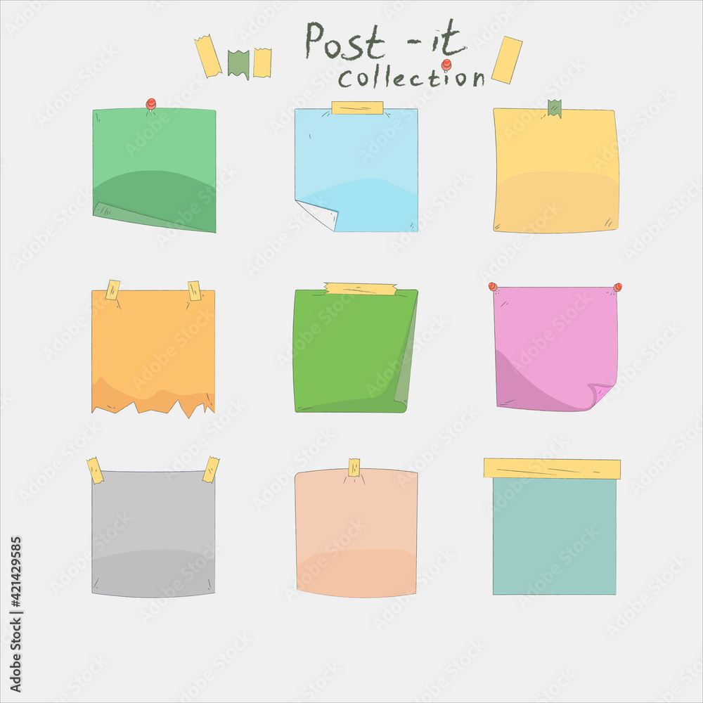 Hand drawn adhesive notes with push pin and paper clip in vector graphic Hand drawn adhesive notes with push pin and paper clip in vector graphic