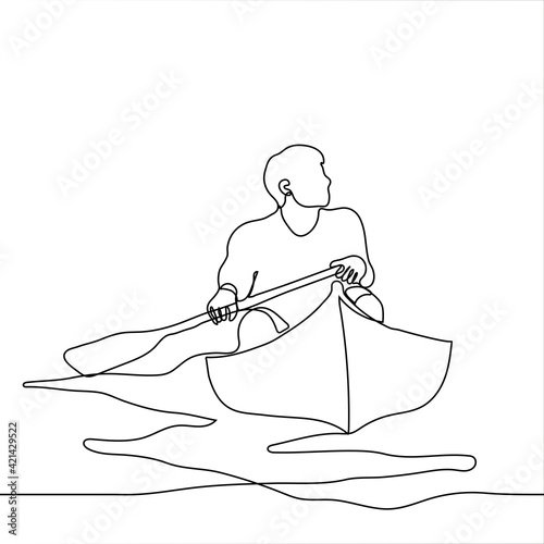 man sits in a boat alone holding an oar he looks into the distance - one line drawing. a lone boatman floats in a pond in a small boat