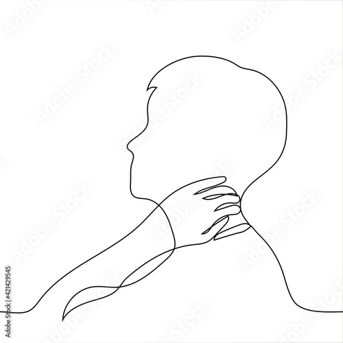 The profile of a man holding his lower nape is one line drawing. Concentration of meditation, self-massage, neck pain