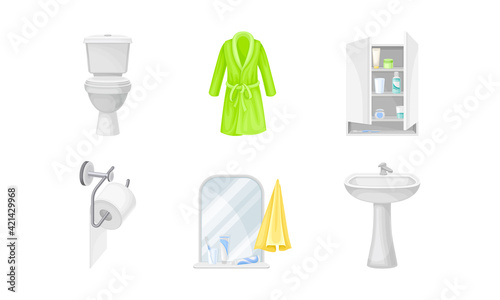 Bathroom Items with Pieces of Furniture and Lavatory Equipment Vector Set